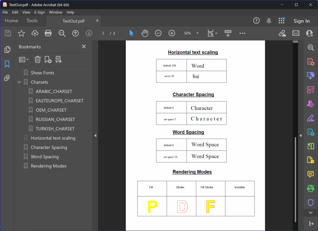 HotPDF Component Delphi TextOut Sample Text Scaling Word Spacing Rendering Modes