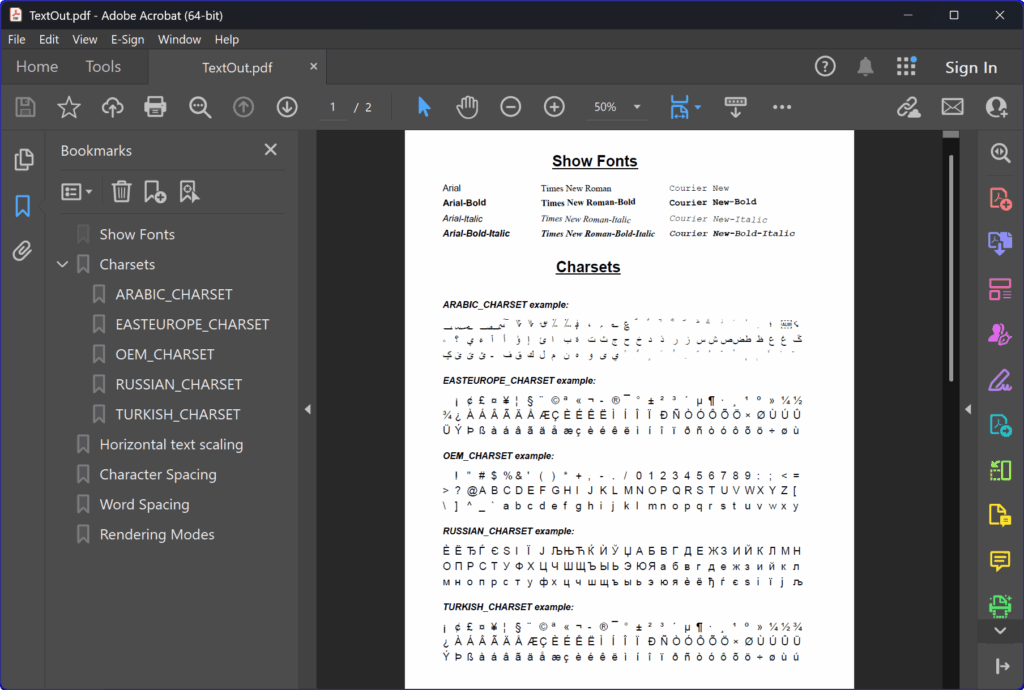 HotPDF Component Delphi TextOut Sample Show Fonts Charsets