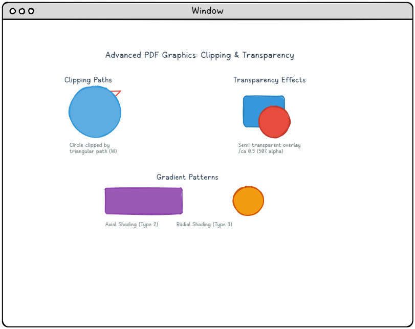 PDF advanced graphics features showing clipping paths, transparency effects, axial shading gradients, and radial shading patterns