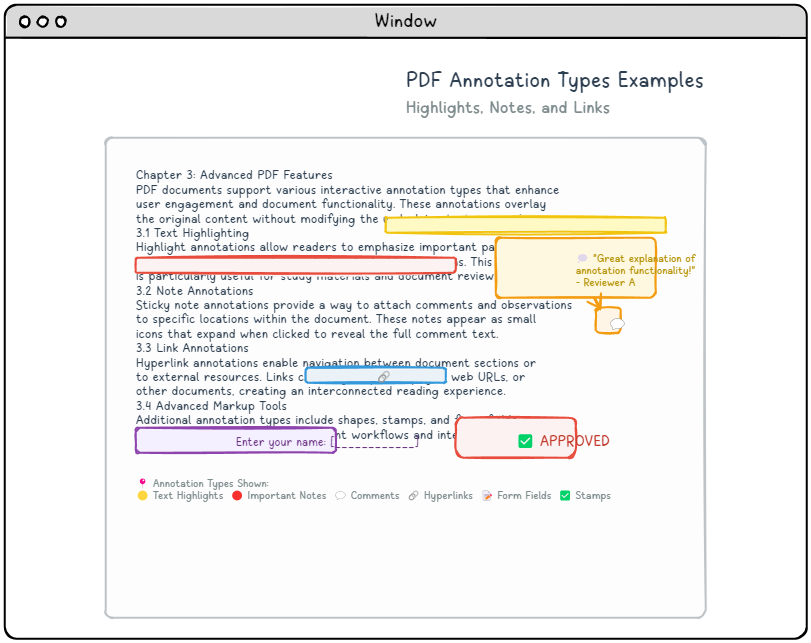 Various PDF annotation types including highlights, notes, and links