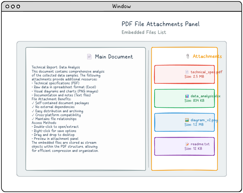 PDF file attachments panel showing embedded files list