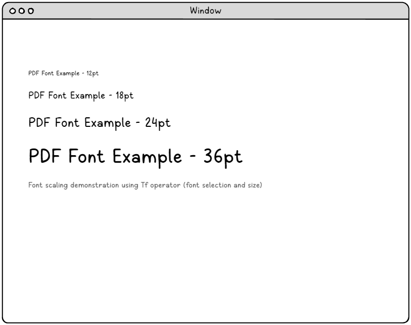PDF font scaling demonstration showing the same text rendered at different point sizes (12pt, 18pt, 24pt, 36pt) using the Tf operator for font selection and size control