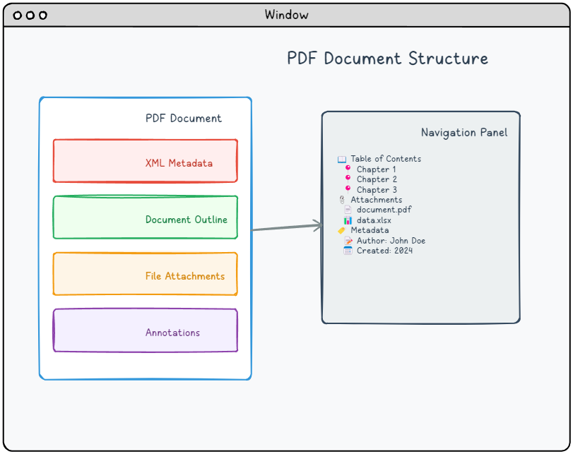 PDF document structure showing metadata and bookmarks navigation panel