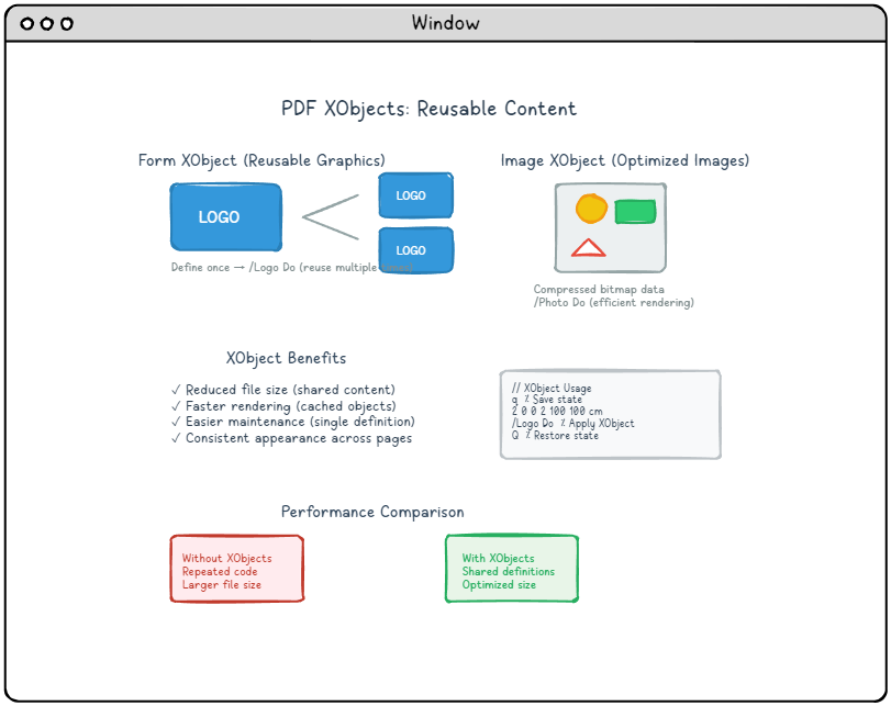 PDF XObjects showing Form XObjects for reusable graphics, Image XObjects for optimized images, benefits list, and performance comparison